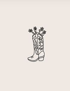 a black and white drawing of a cowboy boot with flowers in it's boots