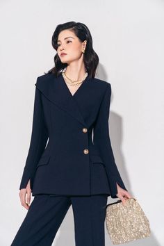 Utah Asymmetric Collar Suiting Jacket MEAN BLVD Graduation Suits For Women, Button Stitch, Oversized Blazers, Winter Suits, Elegant Outfit Classy, Elegant Blazers, Mean Blvd, Crepe Top, Royal Outfits