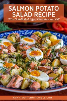 salmon potato salad recipe with soft boiled eggs, cremens and dill on a blue plate