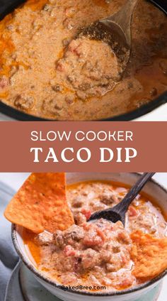 slow cooker taco dip in a bowl with tortilla chips