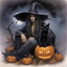 a painting of a witch and her cat sitting on pumpkins