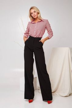 Wide leg pants with high waist underline the waist line and hide legs - perfect for women with Monica Bellucci type of figure. They fit perfectly, can be combined with crop tops, t-shirts and classic shirts. You can add a belt to finish the look. Our high waist pants can be worn on various occasions, including office work, business meetings, cocktail parties and late dinners. A worthy day-to-night pick. DETAILS - High waist pants - Wide legs - Two front buttons - functional pockets MATERIAL Prem Office Lady Pants With Pockets, High-waisted Work Pants For Office With Welt Pockets, Business Casual Trousers For Office Lady, Business Casual Office Lady Trousers, High Waist Bottoms For Business Casual, Office Lady Style, Office Lady Wide Leg Bottoms, Red Fitted Wide Leg Office Pants, Red Fitted Wide Leg Pants For Office, Office Lady Trousers For Workwear