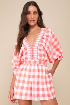 Cutest Viewpoint Neon Orange Gingham Dolman Sleeve V-Neck Romper Summer Plaid Tops For Day Out, Plaid Tops For Summer Day Out, Plaid Summer Tops For Day Out, Summer V-neck Top For Picnic, Gingham V-neck Top For Day Out, Gingham Tops For Beach In Spring, Plaid Tops For Beach Outings In Spring, Plaid Tops For Beach And Spring Season, Chic Plaid Summer Tops