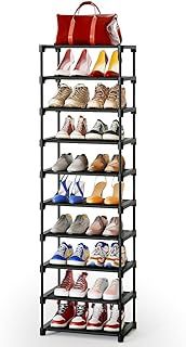 the shoe rack has many pairs of shoes on it