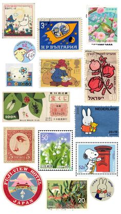 various stamps with cartoon characters on them are shown in this image, and the stamp has been