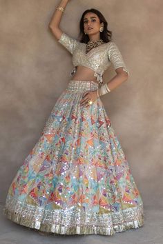 Buy Multi Color Lehenga - Chanderi Embroidered Gota And Geometric Print Set For Women by Abhinav Mishra Online at Aza Fashions. Indian Wedding Bridal Outfits, Multi Color Lehenga, Abhinav Mishra, Orang India, Party Wear Frocks, Pakistani Bridal Dress, Indian Bridesmaid Dresses, Printed Lehenga, Resham Embroidery