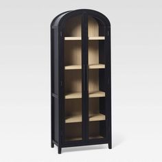 a black and wood display case with shelves on both sides, in the shape of an arch