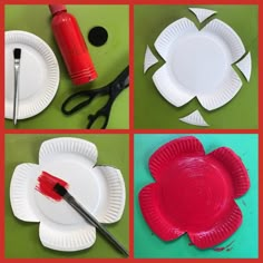 four different pictures of paper plates with red paint on them and scissors next to each other