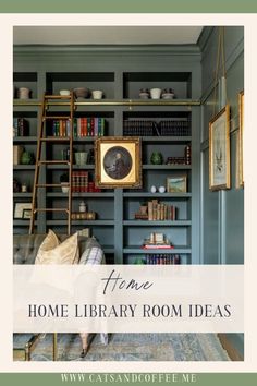 a living room with bookshelves, shelves and pictures on the wall above it