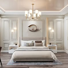 a large white bed sitting under a chandelier in a bedroom next to a wooden floor