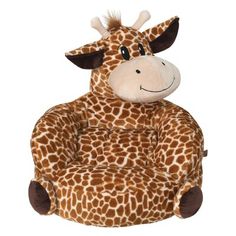 a stuffed giraffe sitting in a bean bag chair