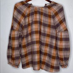 Women's Plaid Dressy Long Sleeve Crewneck Popover Top - Universal Thread Brown M Brown Relaxed Fit Blouse For Fall, Casual Brown Cotton Blouse For Fall, Brown Relaxed Fit Top For Daywear, Brown Spring Tops For Daywear, Brown Tops For Spring Daywear, Brown Tops For Daywear In Spring, Casual Brown Fall Blouse, Brown Cotton Tops For Daywear, Brown Relaxed Fit Blouse For Day Out