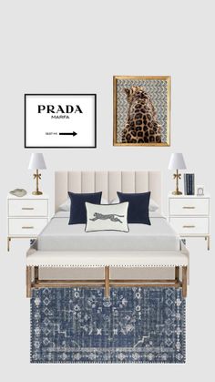 a bedroom with a bed, nightstands and pictures on the wall above it that says prada