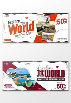 two banners with different pictures on them for travel and tourism company, one is red and the other is white