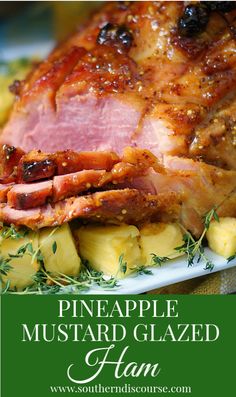 pineapple and mustard glazed ham on a plate