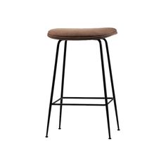 the backless bar stool with a brown seat and black metal frame, against a white background