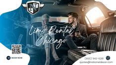 a man and woman sitting in the back seat of a car with text reading limo rental chicago