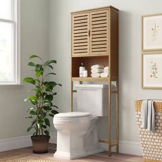 a white toilet sitting in a bathroom next to a wooden cabinet and potted plant