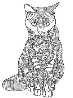 a black and white drawing of a cat with intricate patterns on it's body