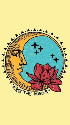 a drawing of the moon with a red flower in front of it