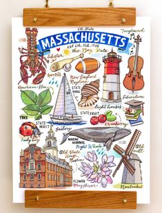 a poster hanging on a wall with the words massachusetts written in different languages and pictures