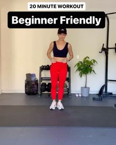 a woman standing in front of a gym machine with the words, 20 minute workout beginner friendly