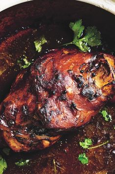 a close up of food in a pan with broccoli