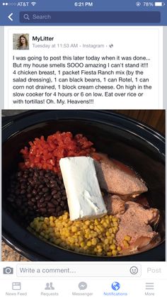 a crock pot filled with meat, beans and corn