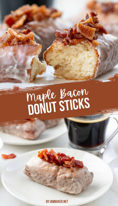 One image shows a donut stick split in half with the inside visible, in the background there are 2 more maple bacon donut sticks. The second image shows a maple bacon donut stick on a small white plate on a white counter, with a cup of coffee and more plates of donut sticks behind it. December Meals, Fried Pastries, Savory Cravings, Donut Sticks, Maple Bacon Donut, Maple Syrup Glaze, Easy Impressive Dessert, Bacon Donut, Best Brunch Recipes