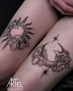 two sun and moon tattoos on both legs