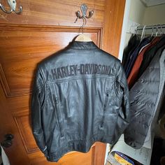 Genuine Leather Jacket By Harley Davidson. Riding Jacket So It Is Heavyweight. New Without Tags. Make Offers! Fitted Black Riding Outerwear, Black Riding Outerwear, Black Long Sleeve Outerwear For Riding, Black Long Sleeve Riding Outerwear, Harley Davidson Jacket, Riding Jacket, Genuine Leather Jackets, Fancy Dresses, Harley Davidson