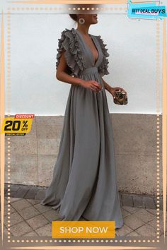 Flying Sleeves V-neck Open Back Solid Long Flowy Dress Chic Gray V-neck Maxi Dress, Flowy V-neck Maxi Dress For Cocktail, Spring Evening V-neck Dress, Evening V-neck Maxi Dress With Ruffles, Summer Evening V-neck Maxi Dress, Elegant Gray Summer Dresses, Gray Summer Party Dress, Summer Evening Maxi Dress With Surplice Neckline, Flowy V-neck Evening Dress