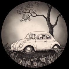 a drawing of a car parked in the grass under a tree with two people inside