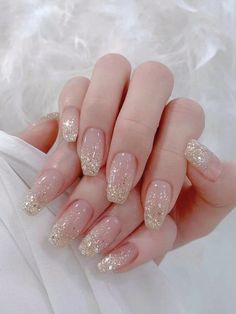 Dusty PinkCollarBare Nails EmbellishedBeauty Tools Pink Bridesmaids Nails, Clear Nails With Gold Glitter, Beige And Rose Gold Nails, Gold And Glitter Nails, Nails Acrylic For Wedding, Rose Gold Wedding Nails, Nails For Wedding Bridesmaid, Champaign Nails, Sparkly Nude Nails