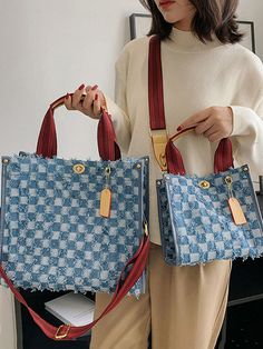 DETAILS Denim Checkerboard Tote bag Large: 13.4" L * 5.9" W * 12.2" H Small: 8.7" L * 4.3" W * 7.9" H Corset Top Dress, Suit Jumpsuit, Trendy Pants, Comfortable Sweater, Denim Details, Cutout Dress, Black Tote Bag, Blue Bags, Large Bags