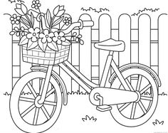 a bicycle with flowers in the basket is parked near a fence and a bird on it