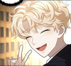 an anime character with blonde hair making the peace sign