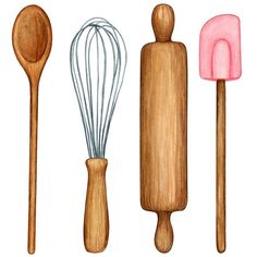 three wooden kitchen utensils and one whisk on a white background illustration