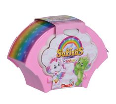 a pink toy box with rainbows on it