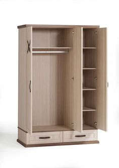 an open closet with drawers and shelves on the bottom, in front of a white background