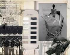 an altered collage with black and white images, laces, and fabric items