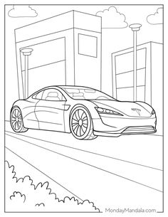 a coloring page with a car on the road in front of some buildings and clouds