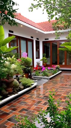 an outdoor courtyard with potted plants and flowers