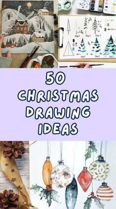 50 Cute Christmas drawing ideas for beginner artists | festive new year doodle painting ideas | winter holiday drawing ideas #winter #christmas #drawingideas Christmas Art Challenge, Cute Little Christmas Drawings, Drawings For Christmas Cards, Christmas Zentangle Ideas, Christmas Pictures To Paint, Winter House Drawing, Doodle Painting Ideas, Winter Things To Draw, Simple Christmas Watercolor Ideas