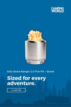 an advertisement for camping world showing a stove with flames on it and the words, sold for