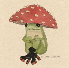 a drawing of a frog sitting under a mushroom