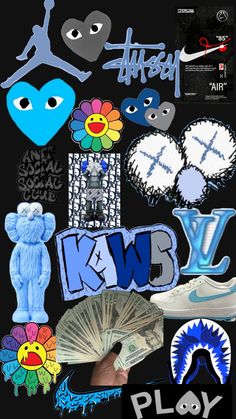 a collage of various stickers and symbols on a black background with the words kk's v below it