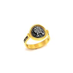 Greek Acroterion Ring in 24K Gold Vermeil and Oxidized Sterling Silver by Ilios This unique ring is handmade in Greece and features a beautiful motif representing an Acroterion. An Acroterion is an architectural ornament featured on ancient Greek temples and statues. The ring is made of 24K gold vermeil with the central and side motifs in oxidized sterling silver. Non adjustable band.  Size of the central motif: 14mm ( 9/16").  Choose from several sizes. Gold vermeil is .925 sterling silver plat Symbolic Gold Enamel Ring As Gift, Ancient Greek Wedding Ring, Greek Jewelry Ancient, Ancient Greek Inspired Jewelry, Ancient Greek Earrings, Ancient Greek Ring, Olive Leaf Ring, Greek Ring, Ancient Greek Jewelry