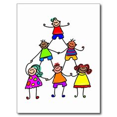 a group of children holding hands and standing in the shape of a pyramid with their arms extended