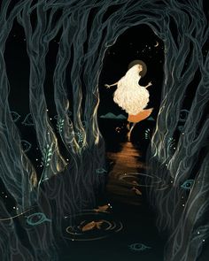 an illustration of a woman walking through a forest at night